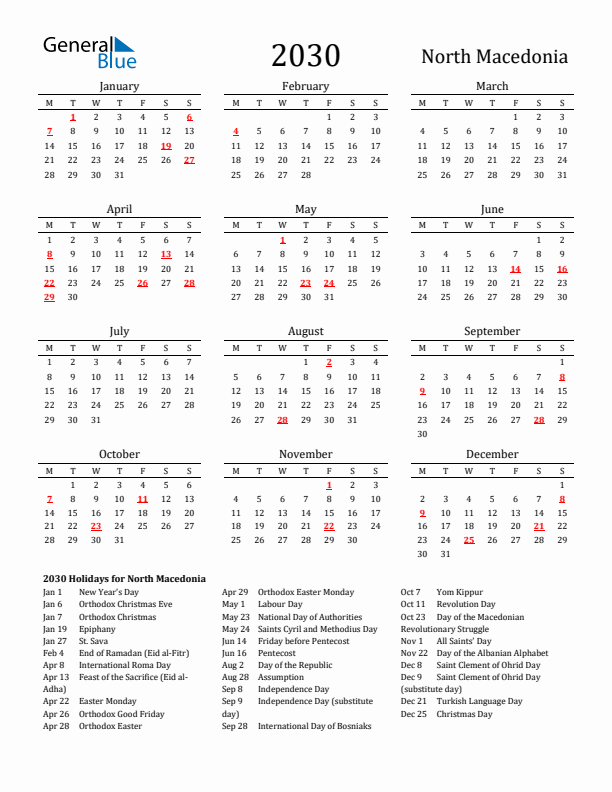 North Macedonia Holidays Calendar for 2030