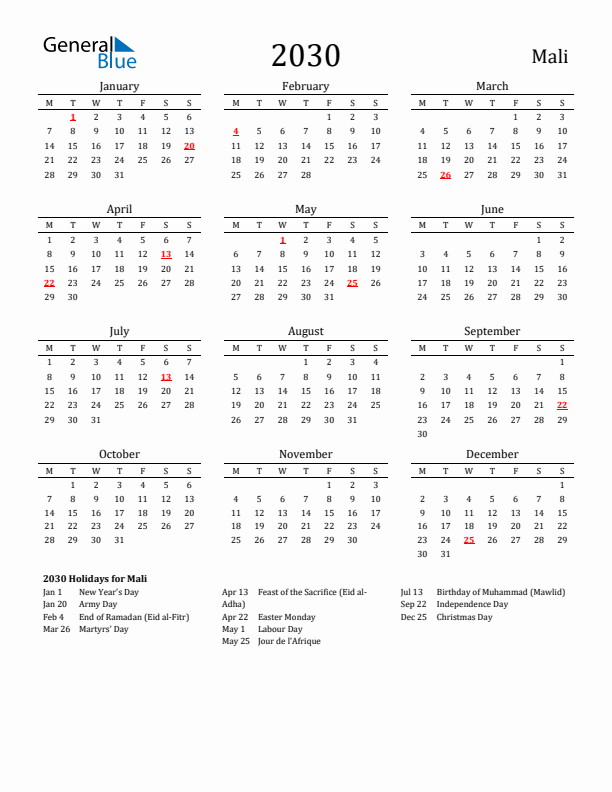 Mali Holidays Calendar for 2030