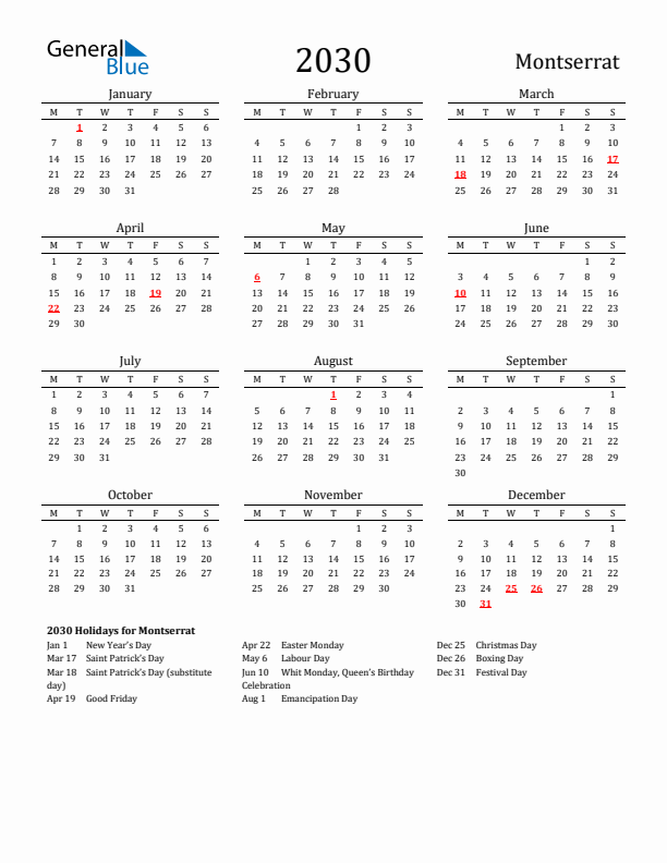 Montserrat Holidays Calendar for 2030