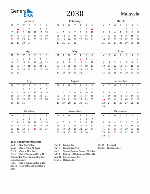 Malaysia Holidays Calendar for 2030
