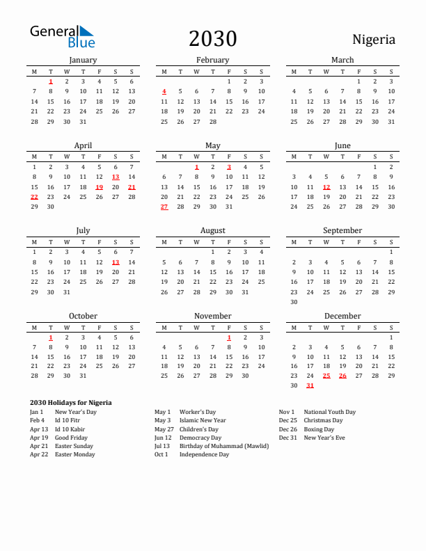 Nigeria Holidays Calendar for 2030