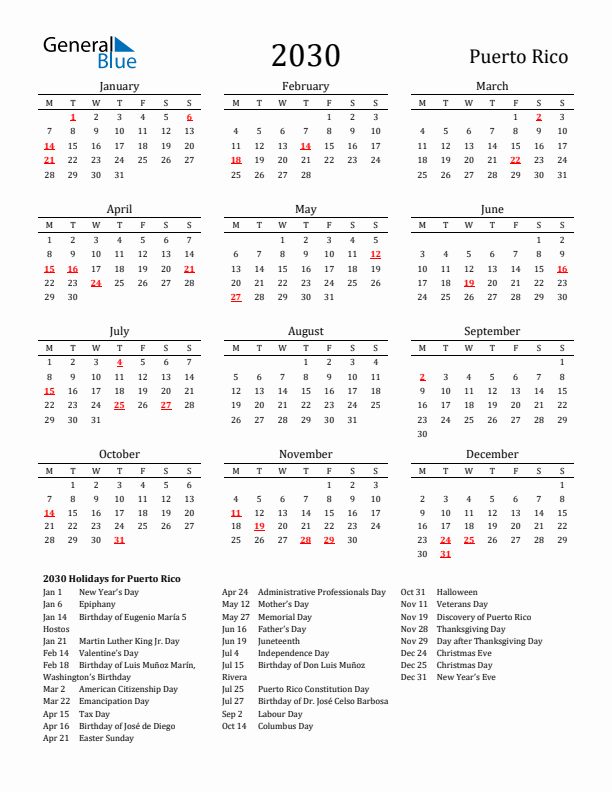 Puerto Rico Holidays Calendar for 2030