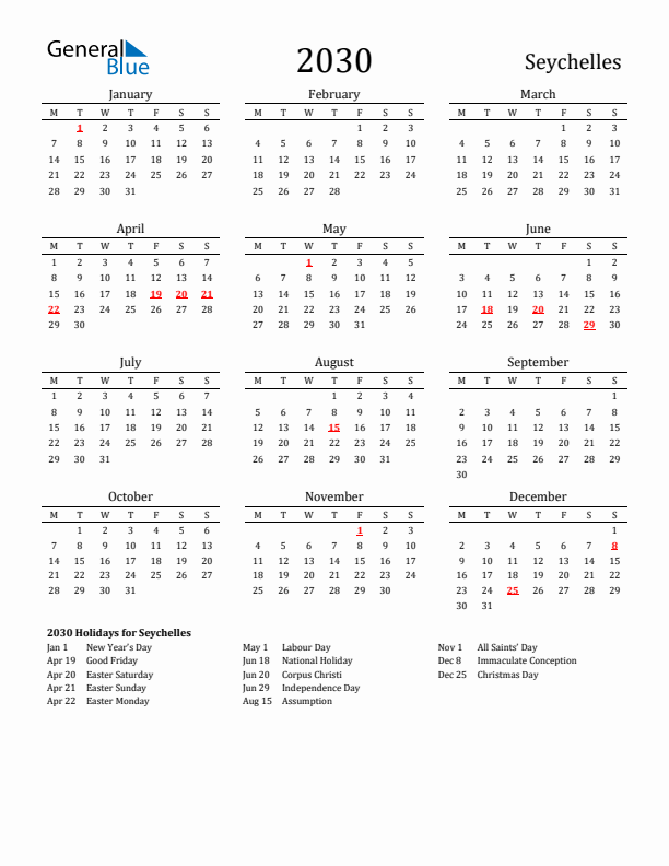 Seychelles Holidays Calendar for 2030