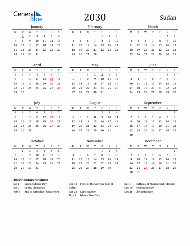 Sudan Holidays Calendar for 2030