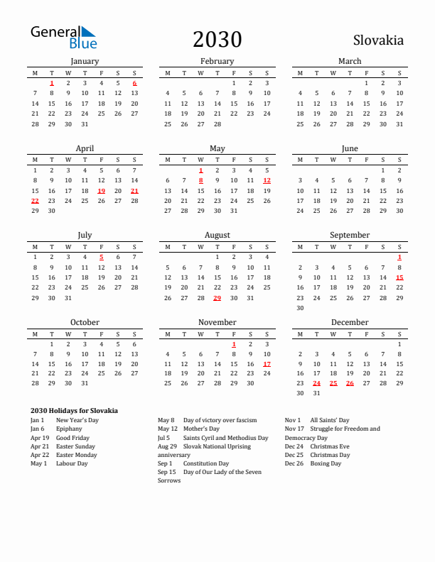 Slovakia Holidays Calendar for 2030