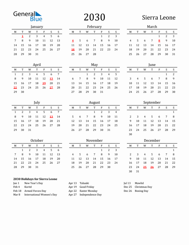 Sierra Leone Holidays Calendar for 2030