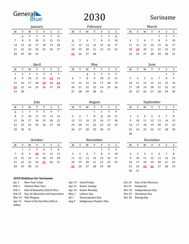 Suriname Holidays Calendar for 2030