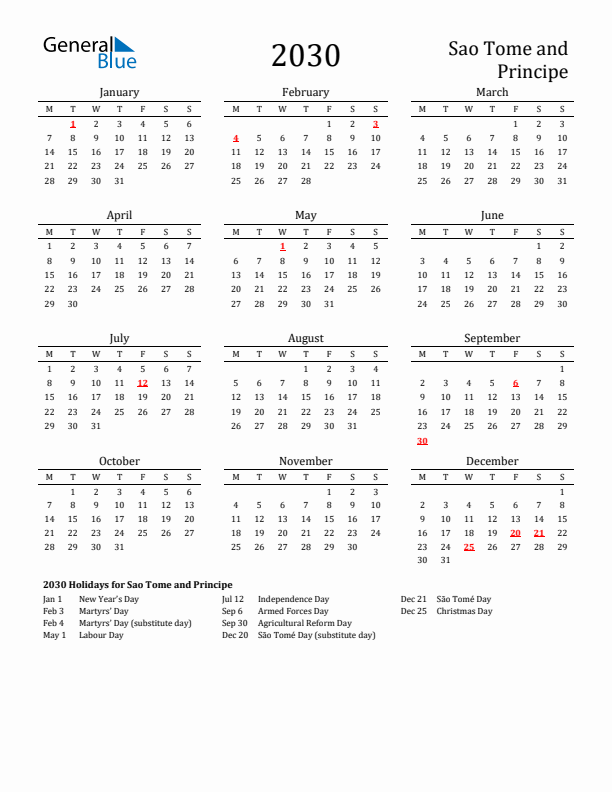 Sao Tome and Principe Holidays Calendar for 2030