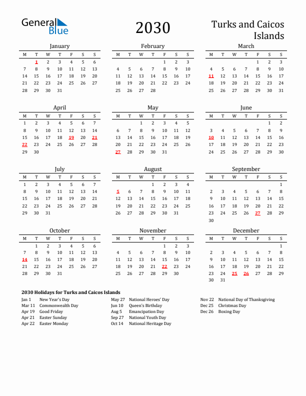 Turks and Caicos Islands Holidays Calendar for 2030