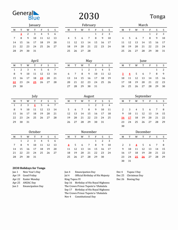 Tonga Holidays Calendar for 2030