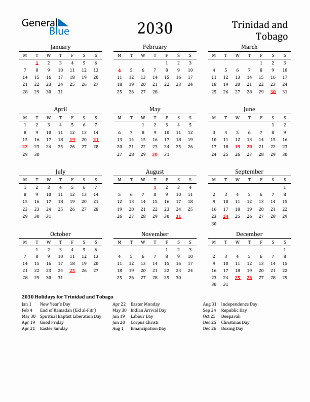 Trinidad and Tobago Holidays Calendar for 2030