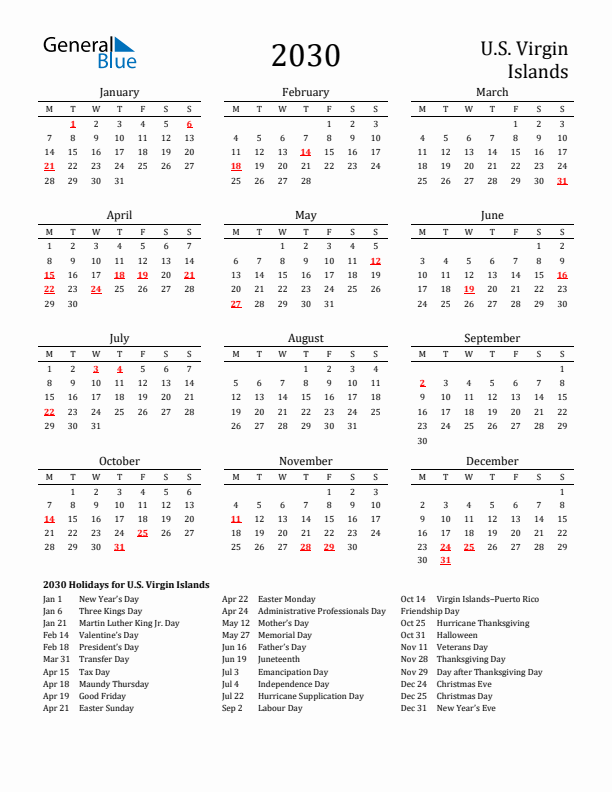 U.S. Virgin Islands Holidays Calendar for 2030