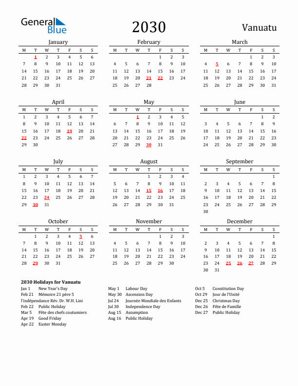 Vanuatu Holidays Calendar for 2030