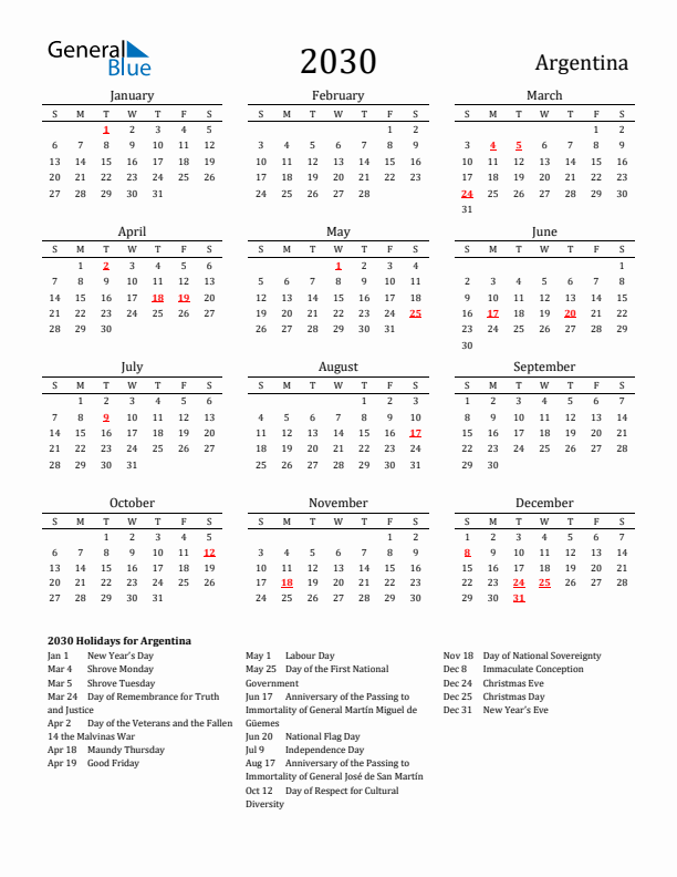 Argentina Holidays Calendar for 2030