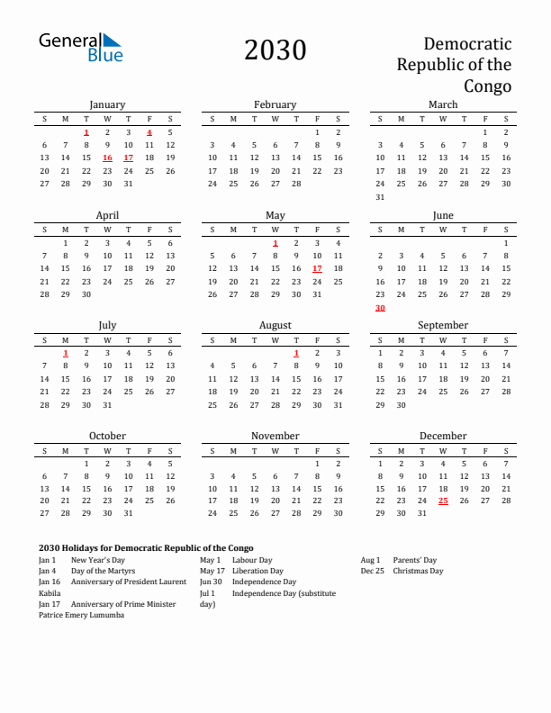 Democratic Republic of the Congo Holidays Calendar for 2030