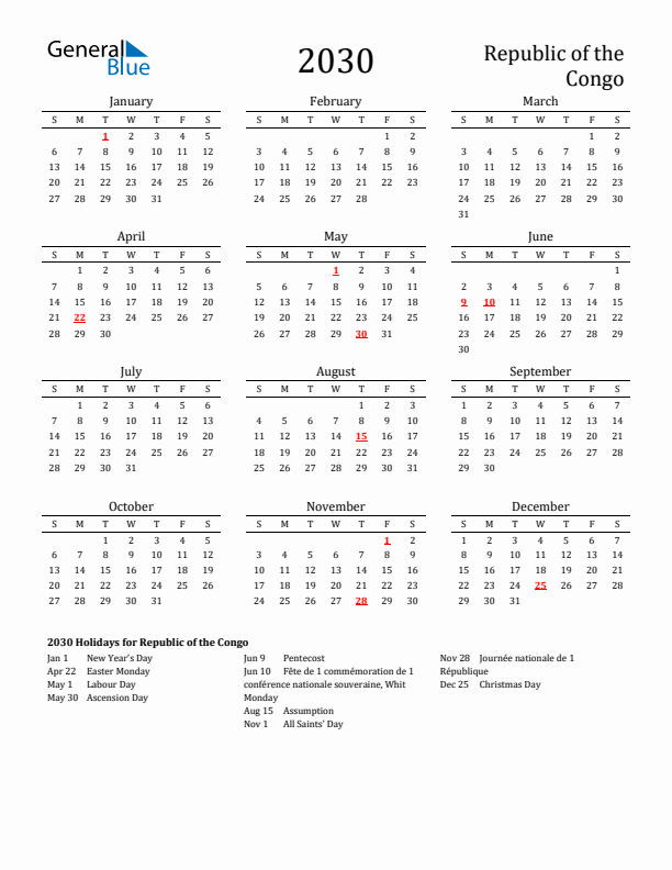 Republic of the Congo Holidays Calendar for 2030