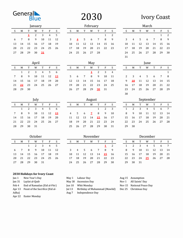 Ivory Coast Holidays Calendar for 2030