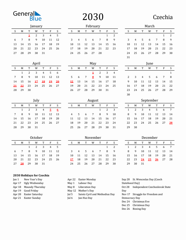 Czechia Holidays Calendar for 2030