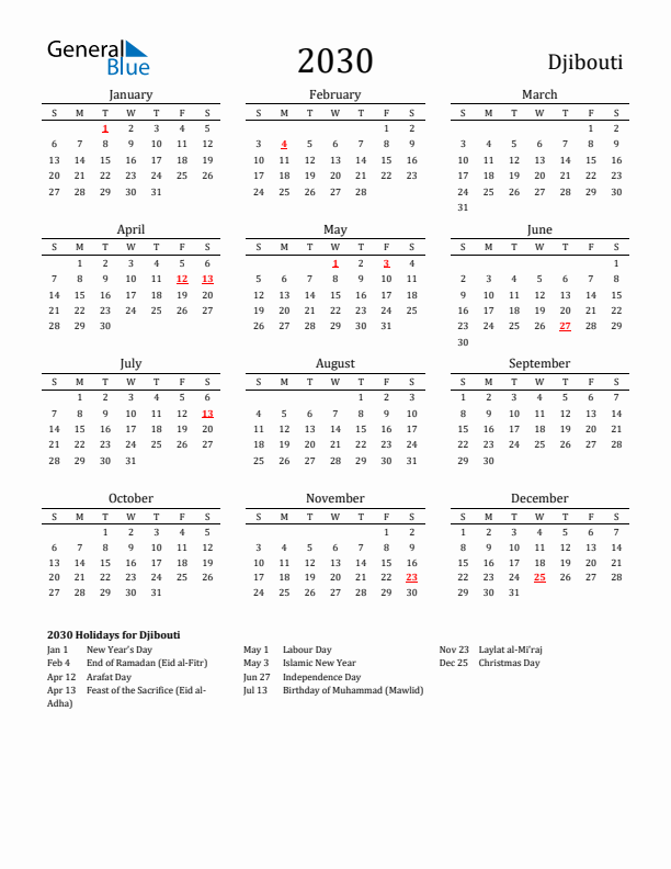 Djibouti Holidays Calendar for 2030
