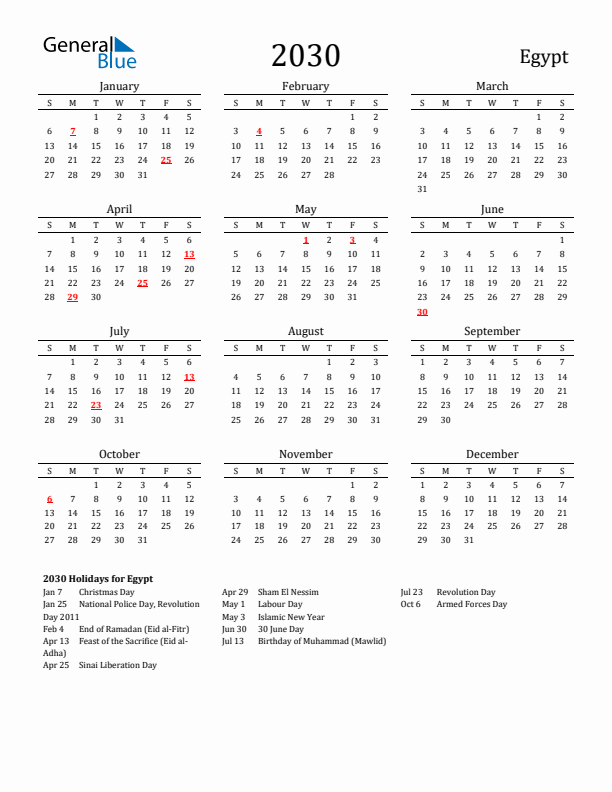 Egypt Holidays Calendar for 2030