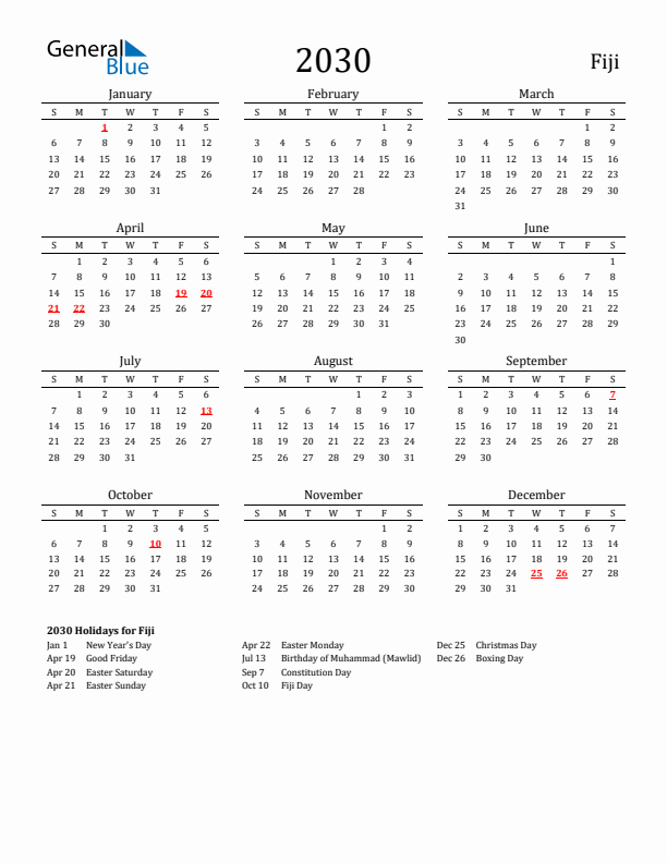 Fiji Holidays Calendar for 2030