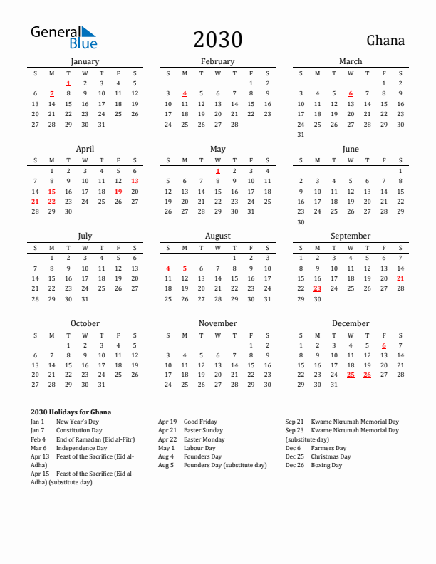 Ghana Holidays Calendar for 2030