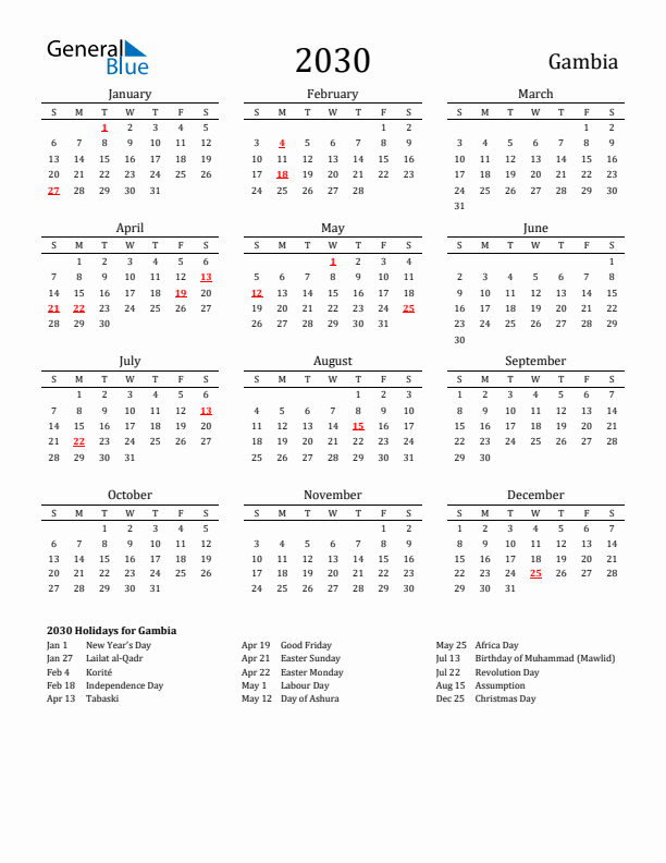 Gambia Holidays Calendar for 2030