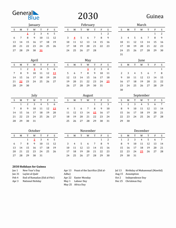 Guinea Holidays Calendar for 2030