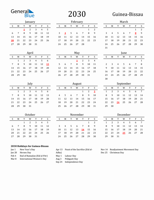 Guinea-Bissau Holidays Calendar for 2030