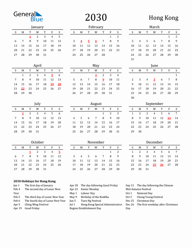 Hong Kong Holidays Calendar for 2030