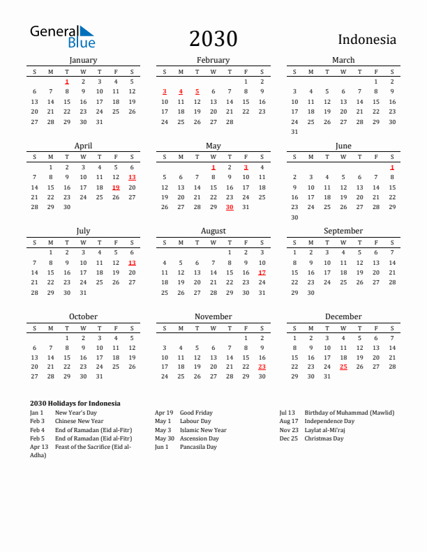 Indonesia Holidays Calendar for 2030