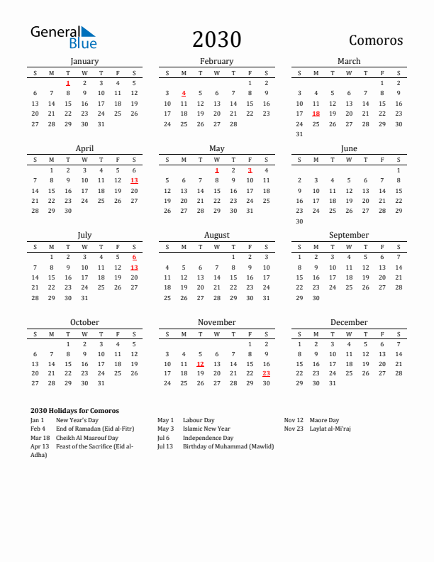 Comoros Holidays Calendar for 2030