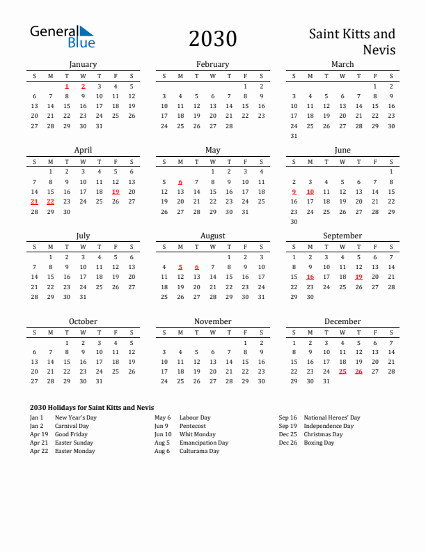 Saint Kitts and Nevis Holidays Calendar for 2030