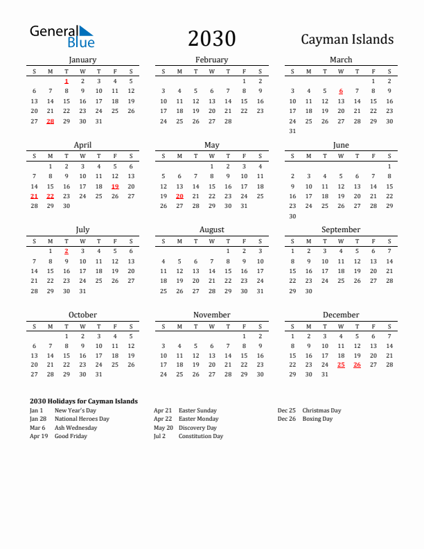 Cayman Islands Holidays Calendar for 2030