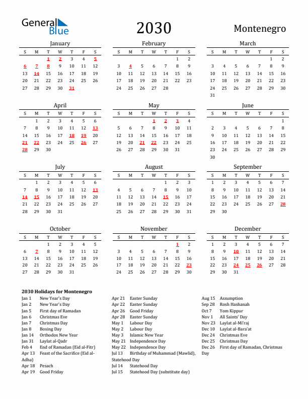Montenegro Holidays Calendar for 2030