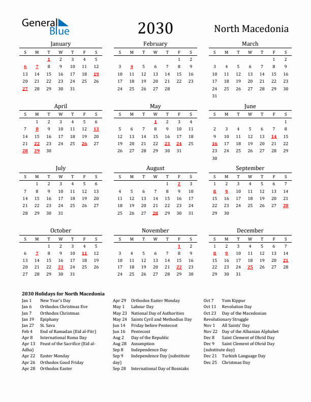 North Macedonia Holidays Calendar for 2030