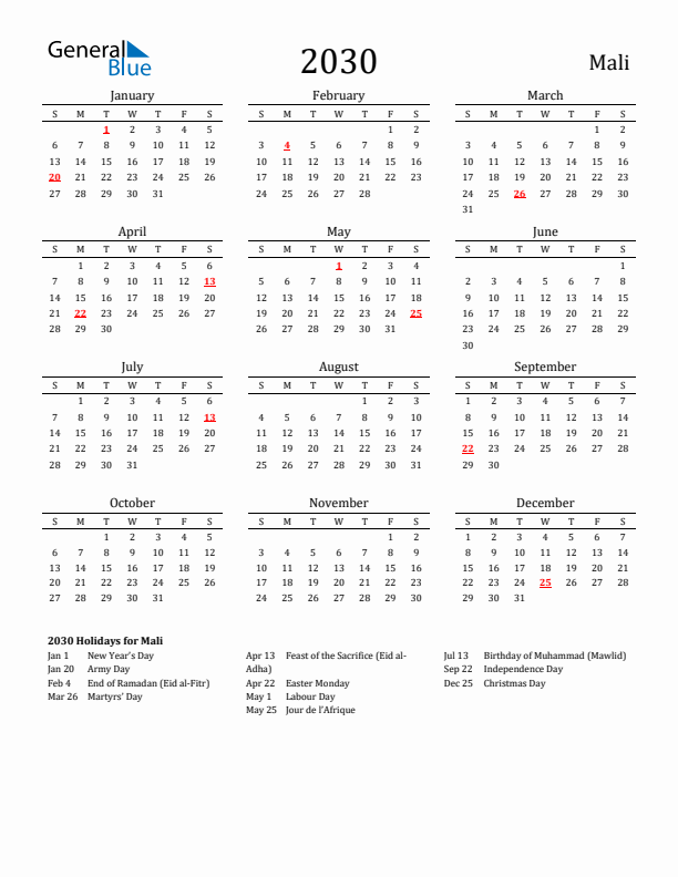 Mali Holidays Calendar for 2030