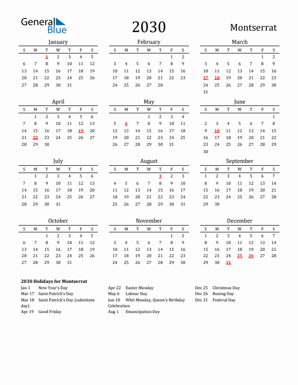 Montserrat Holidays Calendar for 2030
