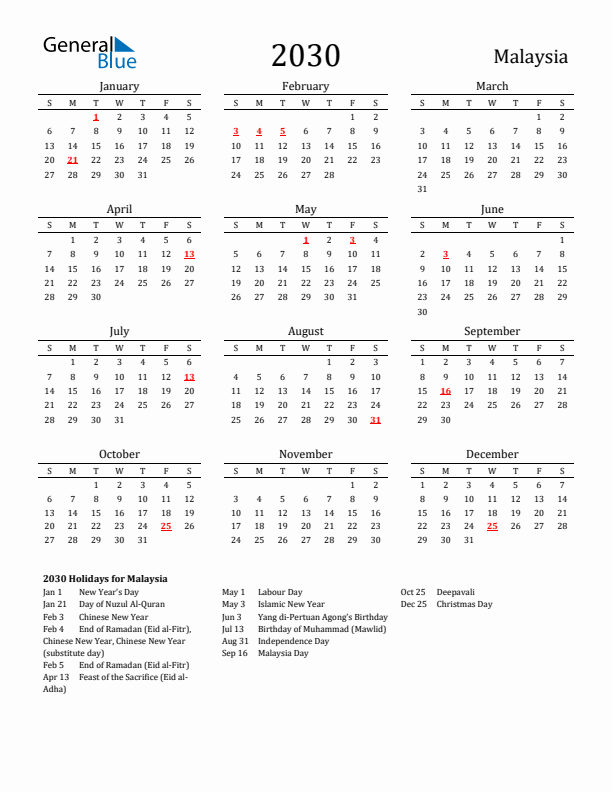 Malaysia Holidays Calendar for 2030