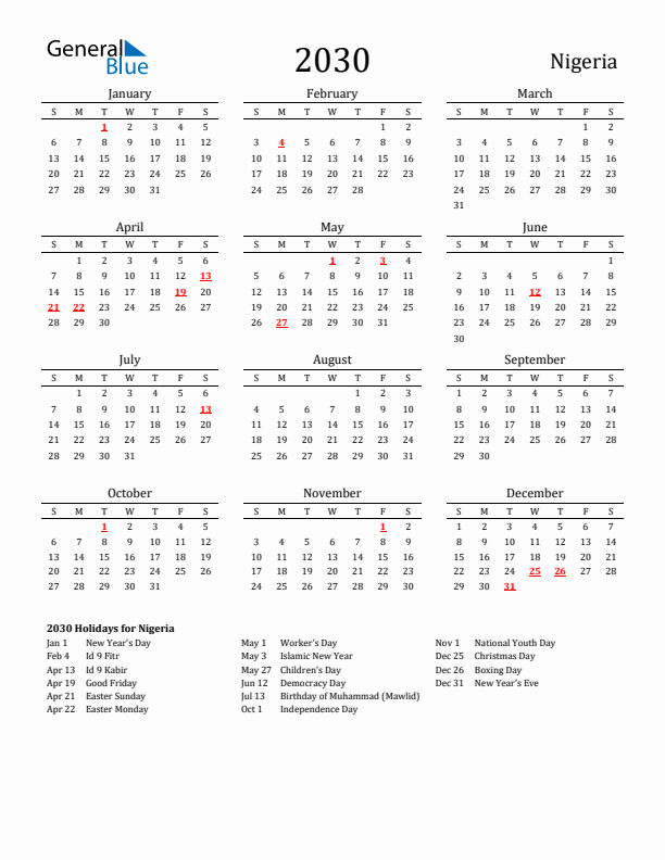 Nigeria Holidays Calendar for 2030