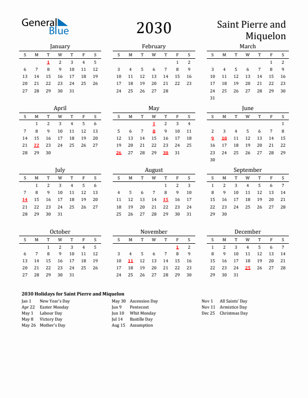 Saint Pierre and Miquelon Holidays Calendar for 2030