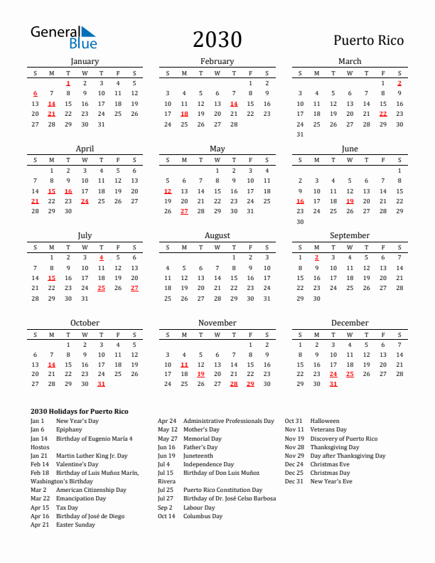 Puerto Rico Holidays Calendar for 2030