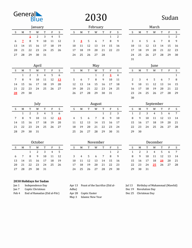 Sudan Holidays Calendar for 2030