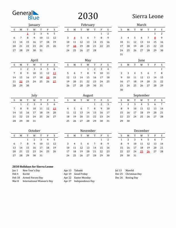 Sierra Leone Holidays Calendar for 2030