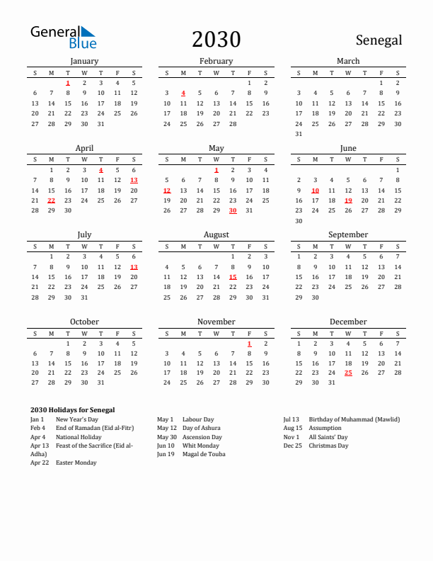 Senegal Holidays Calendar for 2030