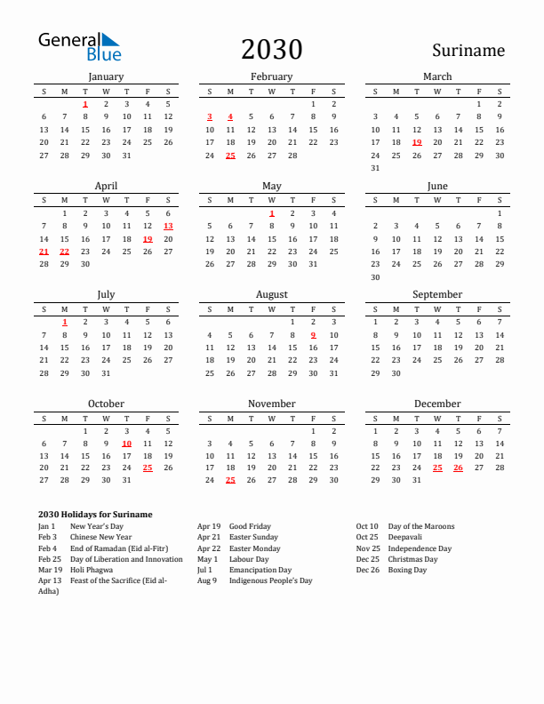Suriname Holidays Calendar for 2030