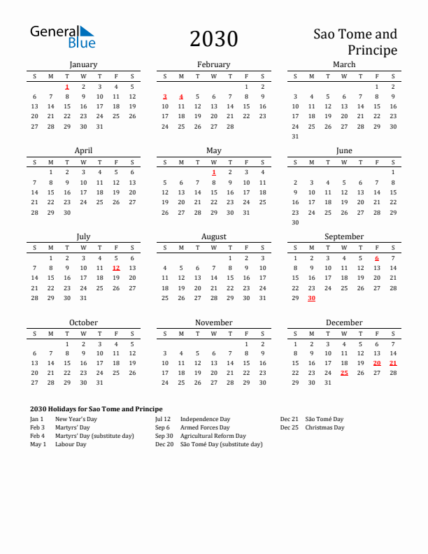 Sao Tome and Principe Holidays Calendar for 2030