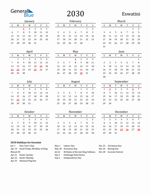 Eswatini Holidays Calendar for 2030
