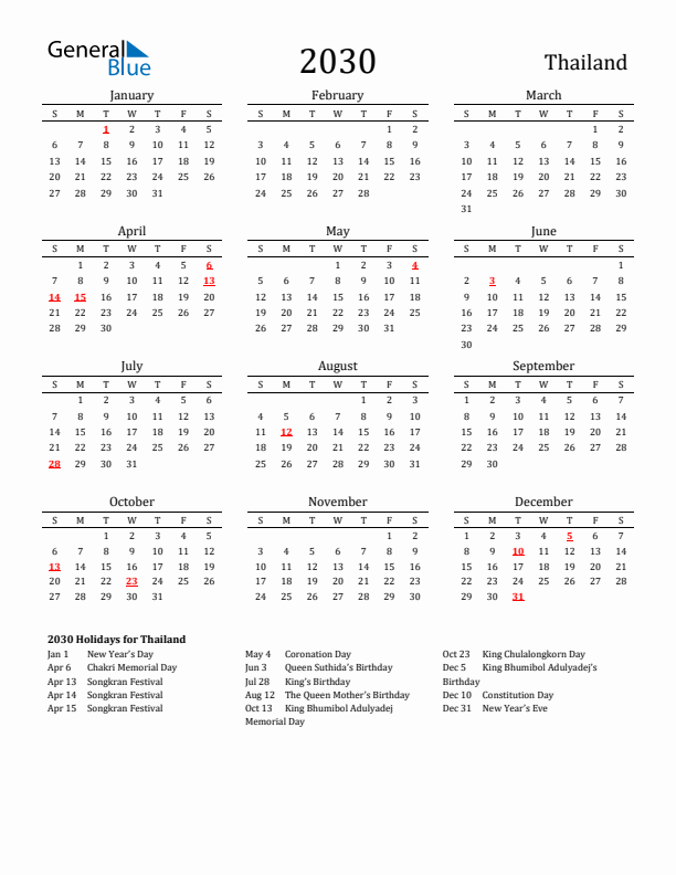 Thailand Holidays Calendar for 2030