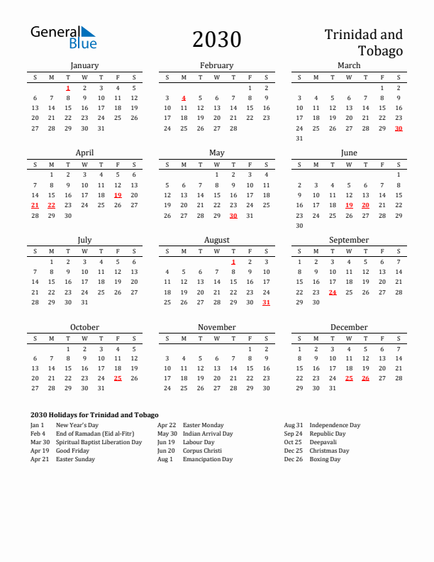 Trinidad and Tobago Holidays Calendar for 2030